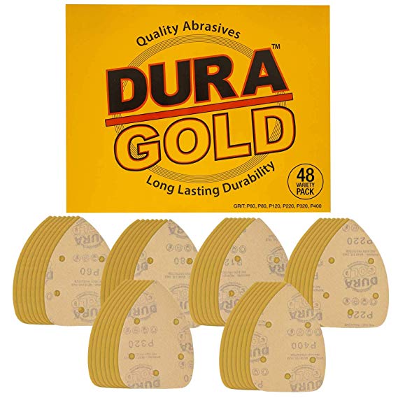 Dura-Gold - Premium Hook & Loop - 48 Sheet Variety Pack (60,80,120,220,320,400) Grit 5-Hole Hook & Loop Sanding Sheets for Mouse Sanders - Box of 48 Sandpaper Sheets for Automotive and Woodworking