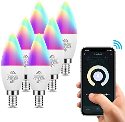 MoKo Smart LED Light Bulb, 5W E12 Candelabra Base, RGB Warm White Dimmable Candle Bulb, Work with Alexa Echo/Google Home/SmartThings, Voice/APP Control, No Hub,Only Supports 2.4GHz Network, 6 Pack