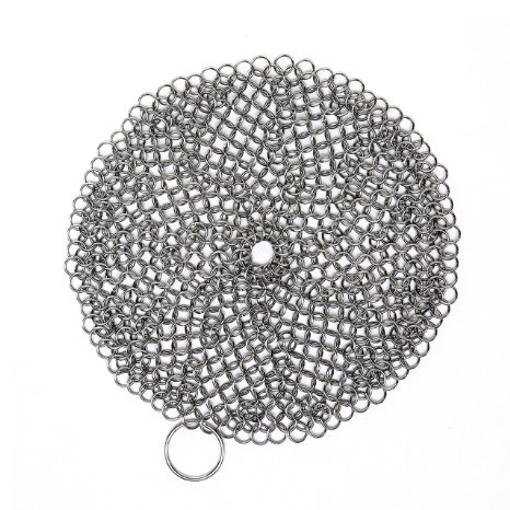 SySrion Round Cast Iron Cleaner Xl 7x7 Inch Premium Stainless Steel Chainmail Scrubber