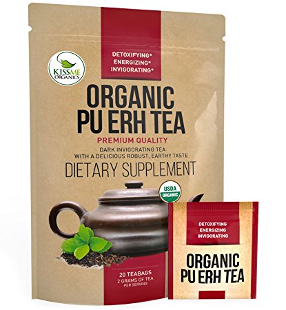 Organic Puerh Tea - Premium Quality Fermented Pu erh Tea - Energizing, Detoxifying & Delicious - Aged Black Yunnan Tea - 20 Teabags (2 grams per serving)
