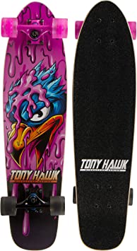 Tony Hawk 31" Complete Cruiser Skateboard, 9-ply Maple Deck Skateboard for Cruising, Carving, Tricks and Downhill, Pink Hawk