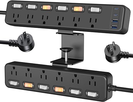 Black 2 in 1 Desktop Edge Power Strip 12AC Outlets with 30W 2 USB-C 2 USB-A Individual Switches,Removable Clamp Power Outlet Socket for Home Office