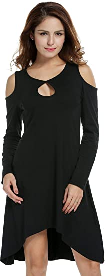 ACEVOG Women's Cold Shoulder Long Sleeve Irregular Hem Tunic Dress Loose Fit T-Shirt Swing Dress