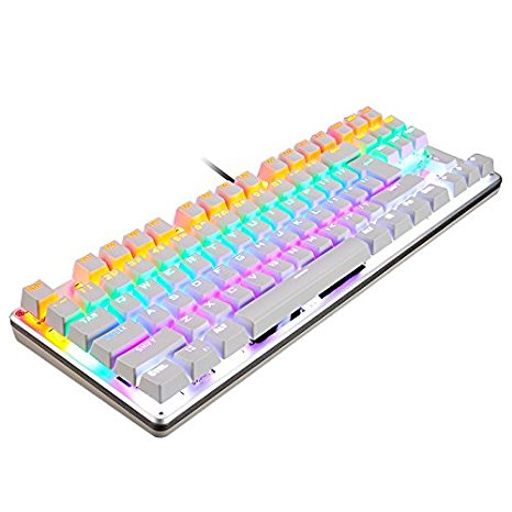 Mechanical Keyboard with Black Switches,LINGBAO Jiguanshi Mini Wired USB Gaming Keyboard with Colourful Backlit LED Light,87 Keys Anti-ghosting for PC,Mac,Laptop,Gamer (White)
