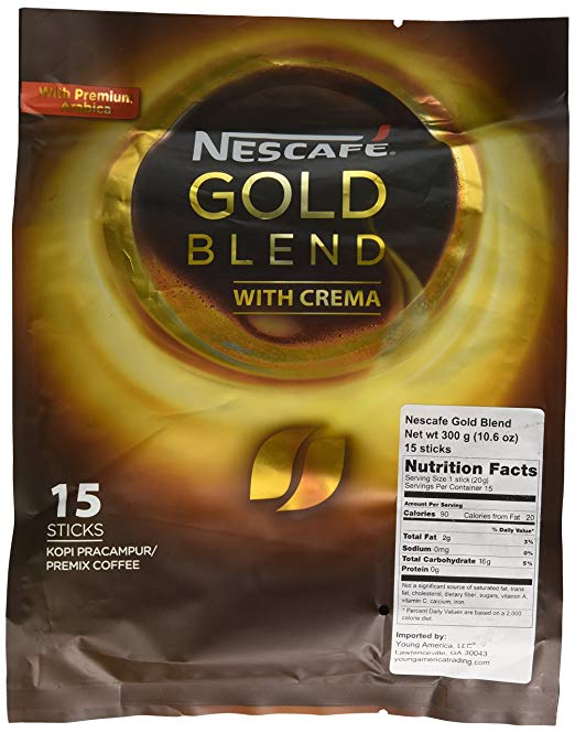 Nescafe Gold Blend 3-in-1 Instant Coffee (15 Single Serve Sticks) - Made with Premium Grade Fine Coffee Beans with Cream and Sugar - Imported from Nestle Malaysia