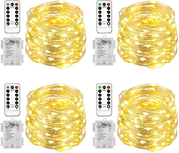 Homemory 4 Pack 20 Ft 60 LED Fairy Lights Battery Operated Christmas Lights with Remote Waterproof 8 Modes Firefly Twinkle String Lights for Party Bedroom Wedding Decorations