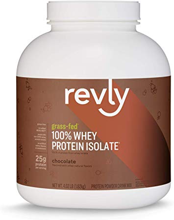 Amazon Brand - Revly 100% Grass-Fed Whey Protein Isolate Powder, Chocolate, 4.02 Pound Value Size (57 Servings), Gluten Free, Non-GMO