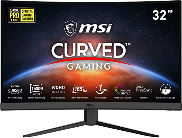 MSI Optix G32CQ4 Curved Gaming Monitor - 32 Inch, 16:9 WQHD (2560 x 1440), 2K, VA, 165 Hz, 1 ms, 1500R, FreeSync Premium, DisplayPort, HDMI, Anti-Flicker, Less Blue light, Frameless, Black