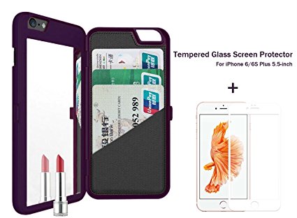 iPhone 6/ 6s Plus Case (5.5 inch), Welity Hidden Mirror Back Cover Wallet Case with Card Slots & Kickstand Function   Tempered Glass Screen Protector for Apple iPhone 6/6s Plus (Black)