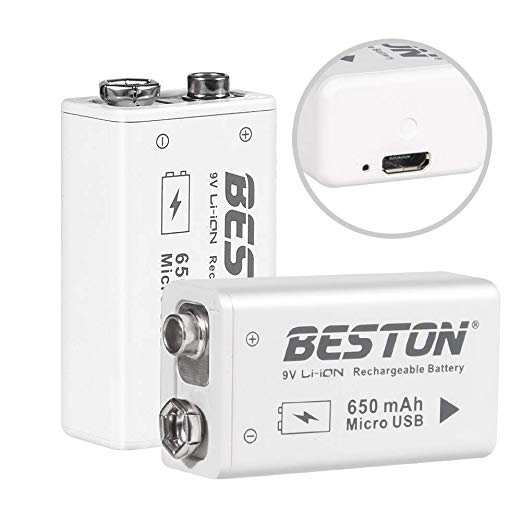 BESTON 9V Lithium ion Battery, High Capacity 650mAh Rechargeable Li-ion Polymer Battery with Micro USB Charging Port, 2-Pack