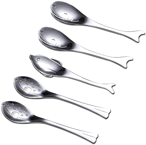 Wenkoni Coffee Spoons, Ice Cream Spoons,Dessert Spoons,Stirring Spoons,SUS 304 Creative Non-magnetic Stainless Steel Ocean Animal Spoons (Set of 5.Color:Silver).