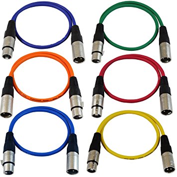 GLS Audio 2ft Patch Cable Cords - XLR Male to XLR Female Color Cables - 2' Balanced Snake Cord - 6 PACK