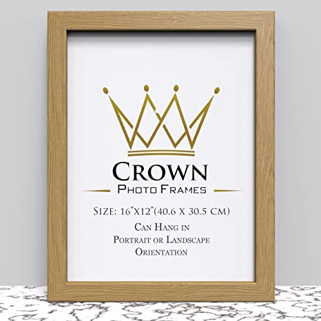 Crown Oak Photo Frame for 16x12 Inches (40.6 x 30.5 cm) Picture Photo Poster Certificate, Hang on wall in both Landscape and Portrait