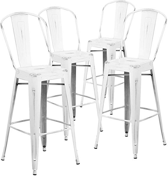 Nicemoods Metal Bar Stools Indoor-Outdoor Chairs,Modern High Backrest Industrial Metal Barstool,Bistro Style Bar Stools with Back Counter Height Stool Set of 4(White)