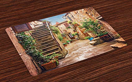 Ambesonne Italian Place Mats Set of 4, View of Old Mediterranean Street with Stone Rock Houses in Italian City Rural Print, Washable Fabric Placemats for Dining Room Kitchen Table Decor, Multicolor