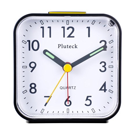 Pluteck Non Ticking Quartz Analog Alarm Clock with Nightlight and Snooze, Ascending Sound Alarm, Simple To Set Clocks, Small Beside Alarm Clock, Battery Powered (Black)