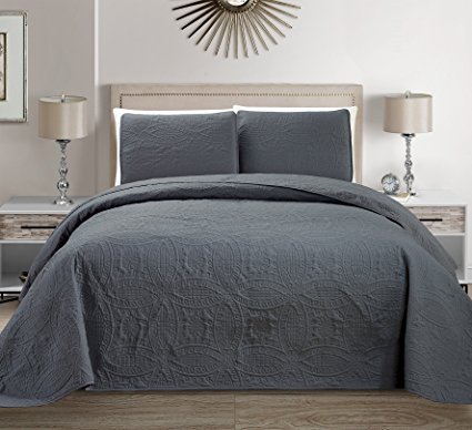 Mk Collection 3 pc Solid Embossed Bedspread Bed-cover Over size Dark Grey New King/California King Over size 118" x 106"