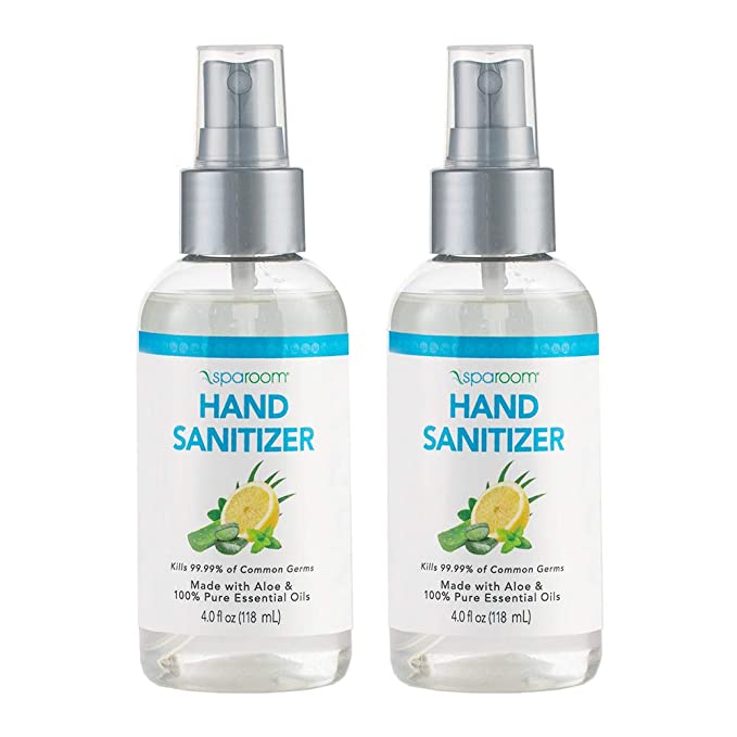 2-Pack Hand Sanitizer Spray - 70% Alcohol & Essential Oil - 4oz Spray Bottle - Made in USA - By SpaRoom