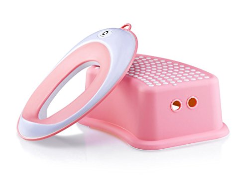 Quze Potty Seat   Matching Step Stool | Kids Toilet Training Ring for Boys or Girls   Matching Step Stool | Secure Non-Slip Surface | Suction Cup, Storage Hook, (Pink)