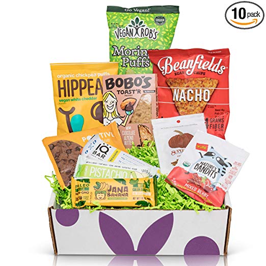 Vegan Gluten Free Sampler Box- Mix of Chips, Protein Bars, Cookies, Fruit Snacks Care Package Gift Box (10 Count)