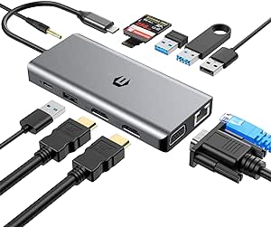 12 Ports USB C Docking Station, USB C Hub Adapter Quadruple Monitors Thunderbolt 3 Dock with 4K HDMI*2, VGA,Ethernet,USB 3.0,100W PD Laptop Docking Station for USB C Device