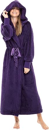 Alexander Del Rossa Women's Plush Fleece Robe with Hood, Long Warm Solid Bathrobe