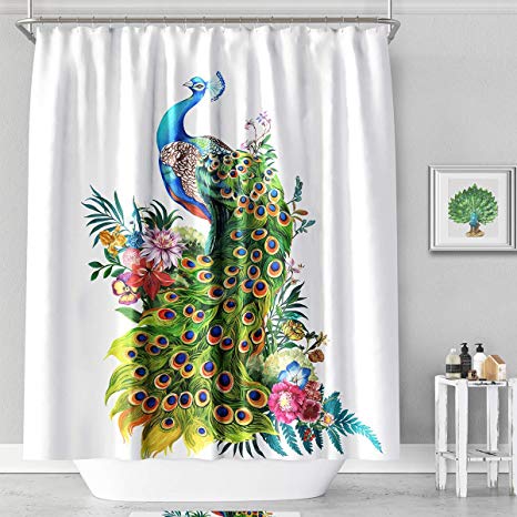 YAXIUFEN 44 Styles 3D Printing Bathroom Flower Shower Curtain Art Print Polyester Fabric Waterproof Machine Washable Included Hooks 71x71inch (White Peacock)
