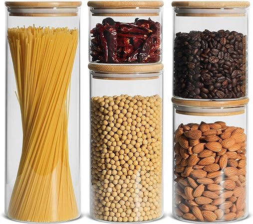 ComSaf Glass Containers Food Storage Set of 5, Sealing Glass Jar with Airtight Bamboo Lid, Spaghetti Pasta Jar in Kitchen Pantry, Storage Canister for Noodles Flour Cereal Sugar Tea Spice Coffee Beans