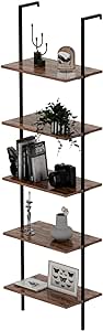 aboxoo Ladder Shelf 5 Tiers Metal Industrial Bookshelf, Rustic Brown Wood Tall Open Storage Rack and Display Shelves,Wall Mount Wide Book Case for Home Office Bedroom,Small, 1 PC 15.4 IN