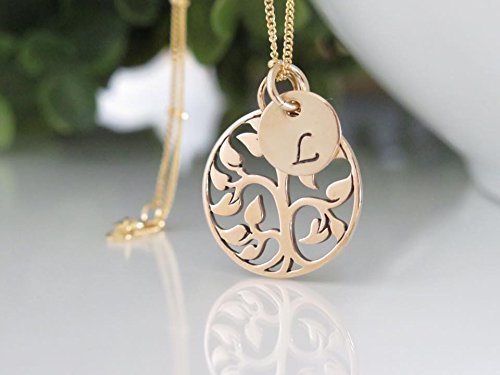 Family Tree Necklace with Hand Stamped Initial Disc - Gold Filled and Bronze Tree Necklace for Women - 18" Satellite Chain - Personalized Jewelry - Gift for Her - Gift for Mom - Grandma
