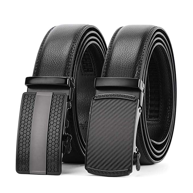 Ratchet Click Men's Belt，Leather Dress Holeless Belt For Men With Side Buckle Up to 44” By JASGOOD