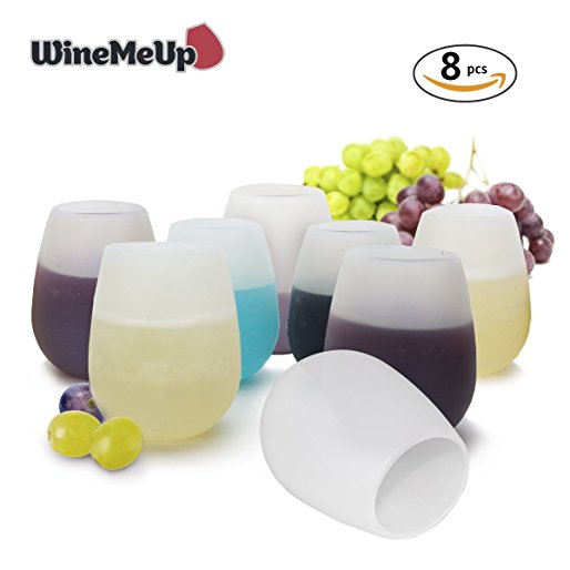 WineMeUp Silicone Wine Glasses for Camping - Stemless Unbreakable Party Cups - Set of 8