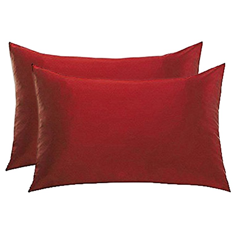 SET OF 2 SATIN PILLOWCASES WITH ZIPPER CLOSURE STANDARD SIZE 19 X 25" CHOICE OF COLORS (Burgandy)