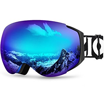 IceHacker Lagopus X6 Ski Goggles, Snowboard Snowmobile Snow Goggles with UV400 Protection Anti-fog Spherical Frameless Oversize Dual Lenses Goggles (Black Blue)