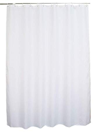 Shower Curtain or Liner Water Repellent Fabric Mildew Resistant Washable Cloth (Hotel Quality, Eco Friendly, Heavy Weight Hem) with White Plastic Hooks (72" x 78", Long, White)