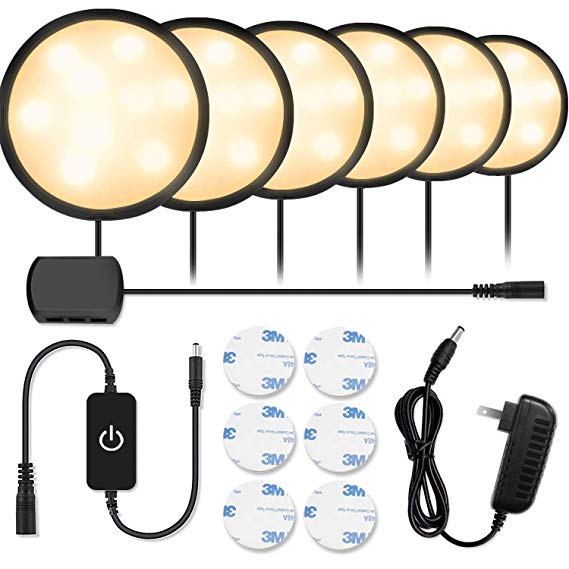 Newest Black LED Under Cabinet Lighting Kit, 1020 Lumens LED Puck Light, 3000K Warm White, CRI90 , Touch Dimming, All Accessories Included, for Kitchen, Closet Lights, Safe Light, 6-Pack