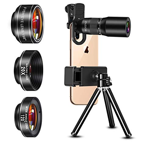 Cell Phone Camera Lens, 9 in 1 Phone Lens Kits, 25X Zoom Telephoto Lens, 20X Macro Lens, 120° Wide Angle Lens and 198° Fisheye Lens, Compatible with iPhone 11/11 Pro/X/XR/XS Max/8 , Samsung and More