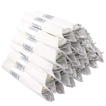 I00000 30 Pack Pre Rolled Napkins with Silver Plastic Cutlery Set, Premium Disposable Silverware, Includes: 30 Forks, 30 Knives, 30 Spoons, 30 Linen Like Napkins