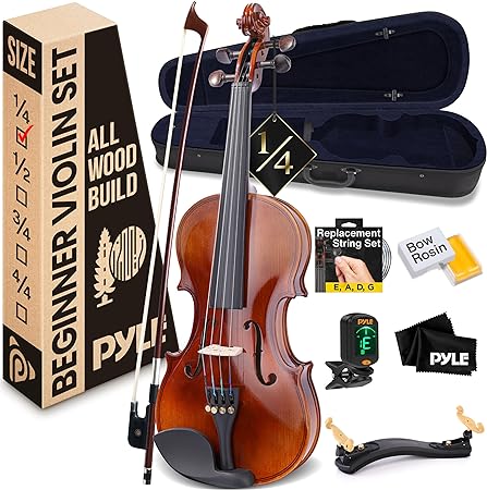 Pyle 1/4 Size Beginner Violin Starter Kit, Violin Starter Package with Travel Case & Bow, Extra Strings, Digital Tuner, Shoulder Rest & Cleaning Cloth for Students, Kids, Adults