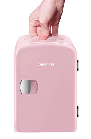 Chefman Mini Portable Compact Personal Fridge Cools & Heats 4 Liter Capacity, Chills 6 12oz cans, 100% Freon-Free & Eco Friendly, Includes Plugs for Home Outlet & 12V Car Charger, Pink,