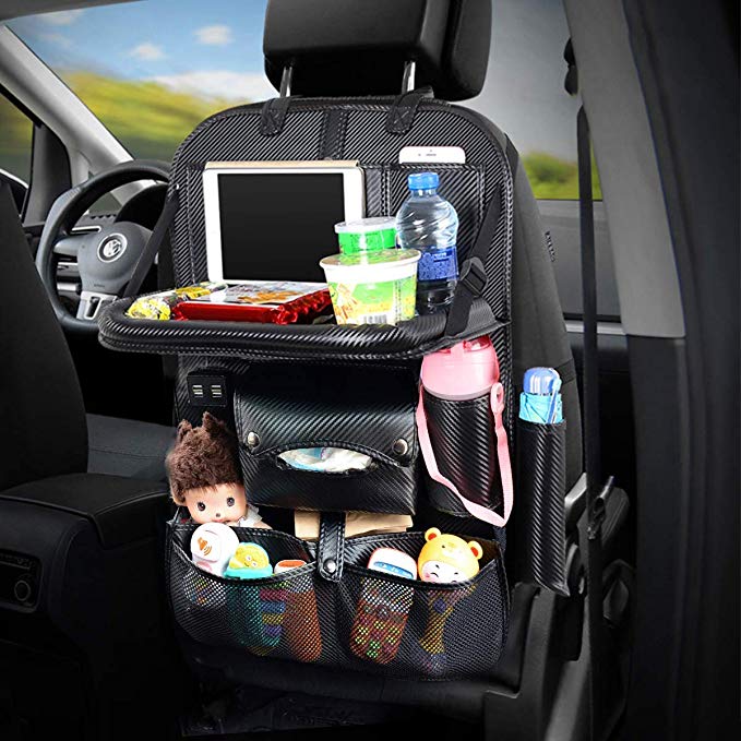 DRIVIM Car Backseat Organizer, Multifunctional Premium PU Leather Travel Car Organizer for Kids with Foldable Tray, iPad Phone Umbrella Bag, Tissue Box, 3 Mesh Bags, 1 Large Bag 4-USB Port (Black)