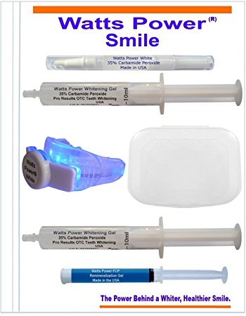 Watts Power 35% Teeth Whitening Kit - Premium Kit Includes 2 Large 10ml Whitening Gels, Bonus Brush Tip Whitening Pen, LED Light Plus Tray Combo, Tray Container, Aftercare Gel and Zip Tote