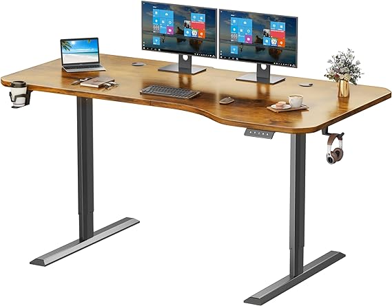 Flamaker Standing Desk, Electric Adjustable Height Stand up Desk, 63 x 24 Inches Home Office Computer Desk with T-Shaped Metal Bracket and Memory Preset, Brown