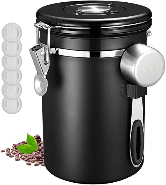 Veken Coffee Canister, Airtight Stainless Steel Kitchen Food Storage Container with Date Tracker and Scoop for Beans, Grounds, Tea, Flour, Cereal, Sugar, 22OZ, Black