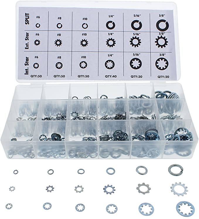 ABN Lock Washer 720-Piece Assortment Kit – Metric 6mm, 8mm, 10mm and SAE 1/4in, 5/16in, 3/8in Star and Split Washers