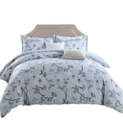 GOOFUN-D3K 3pcs Duvet Cover Set 1 Duvet Cover 2 Pillow Shams Lightweight Microfiber Comfortable, Breathable, Soft, King Size, Light Grey with White Flower