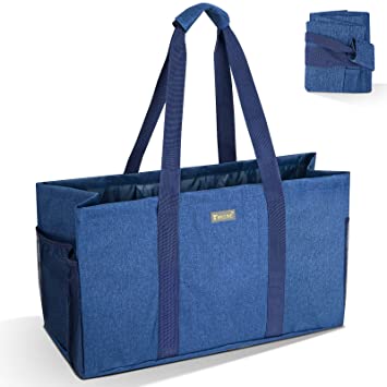 BALEINE Reusable Soft Utility Tote with Reinforced Handles, Eco Friendly Collapsible Foldable & Washable Grocery Storage Bag, Extra Storage For Phone & Keys with Inner & Side Pockets (Blue)