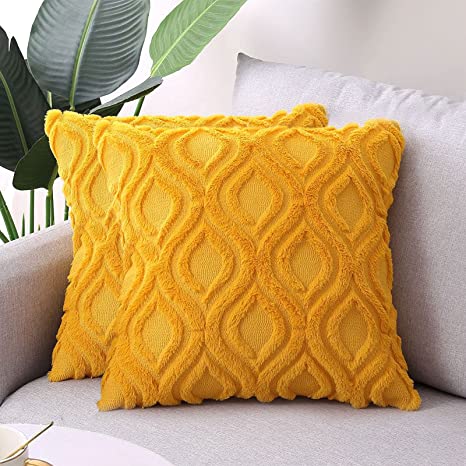 Decorative Throw Pillow Covers 18x18, Faux Fur Farmhouse Boho Pillow Cases ,Soft Plush Fuzzy Yellow Cushion Covers for Sofa Couch Living Room Bedroom Set of 2