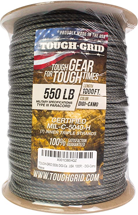 TOUGH-GRID 550lb Paracord/Parachute Cord - 100% Nylon Genuine Mil-Spec Type III Paracord Used by The US Military - (MIL-C-5040-H) - Made in The USA. 100Ft.