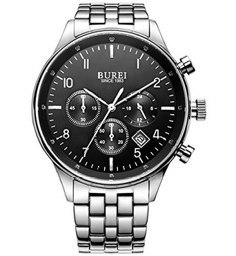 BUREI Mens BM-7006-51E Date Multifunction Chronograph Stainless Steel Black Dial Watch